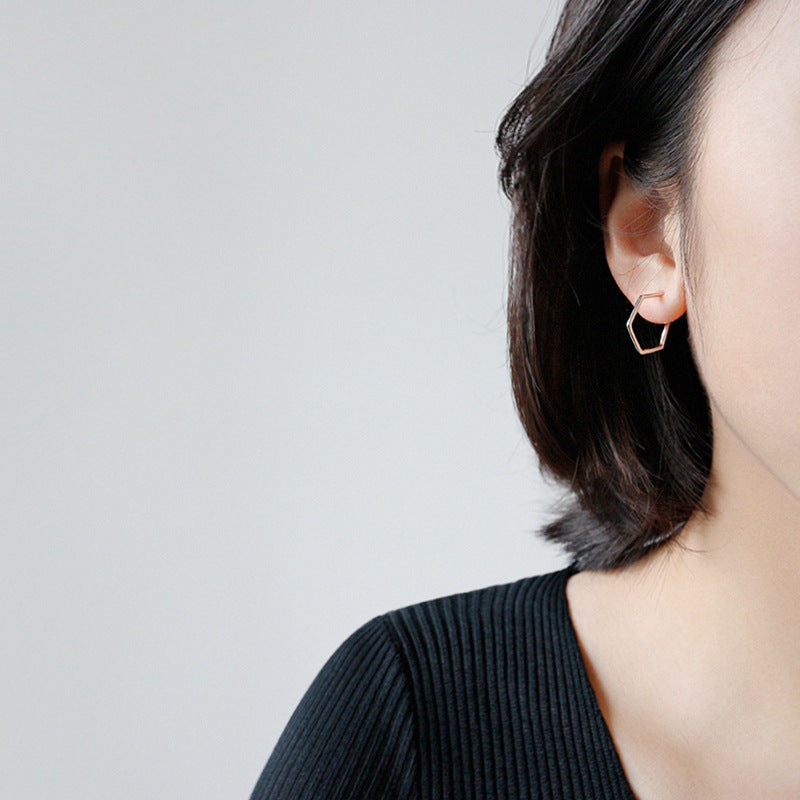 Geometry Hollow Hexagon 925 Sterling Silver Hoop Earrings SILVERBENE