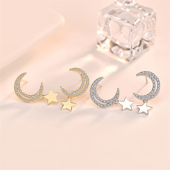 CZ Crescent Moon Stars Sweet 925 Sterling Silver Stud Earrings SILVERBENE