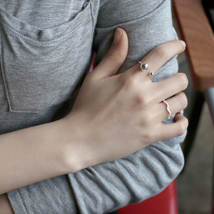 Fashion Simple Double Beads 925 Sterling Silver Adjustable Ring SILVERBENE