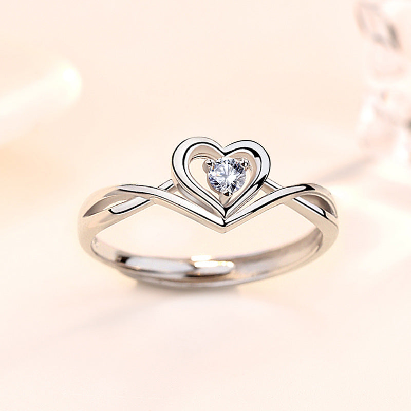 Hollow CZ Heart Love Twisted 925 Sterling Silver Adjustable Promise Ring SILVERBENE