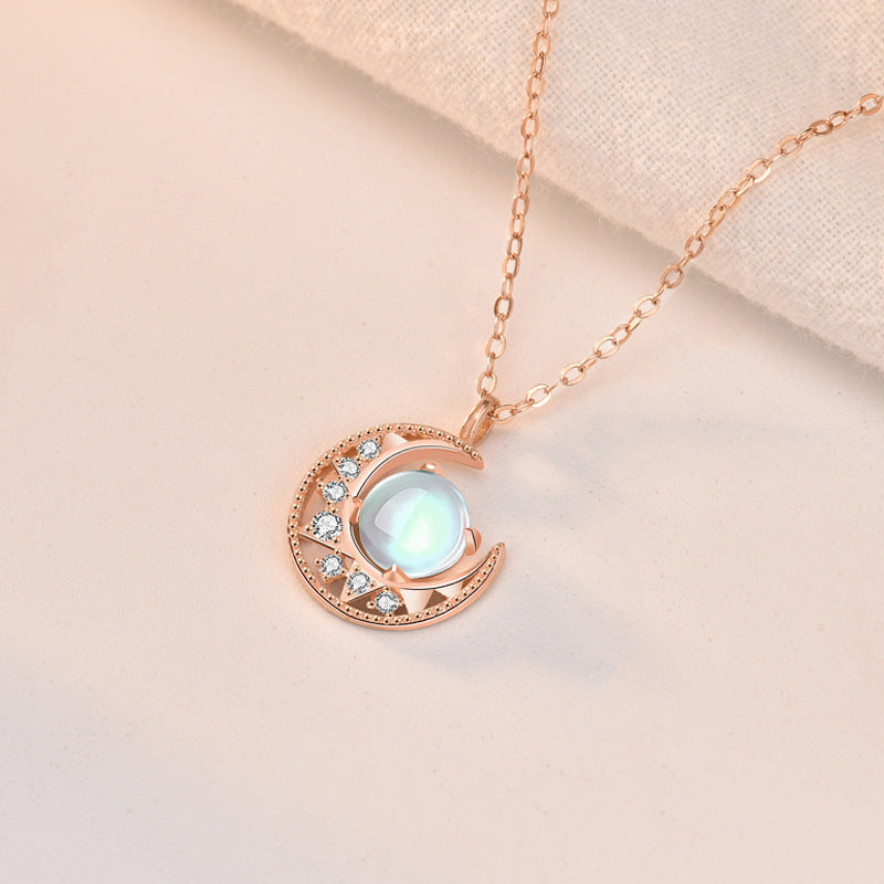Lady Natural Moonstone Crescent Moon CZ 925 Sterling Silver Necklace SILVERBENE