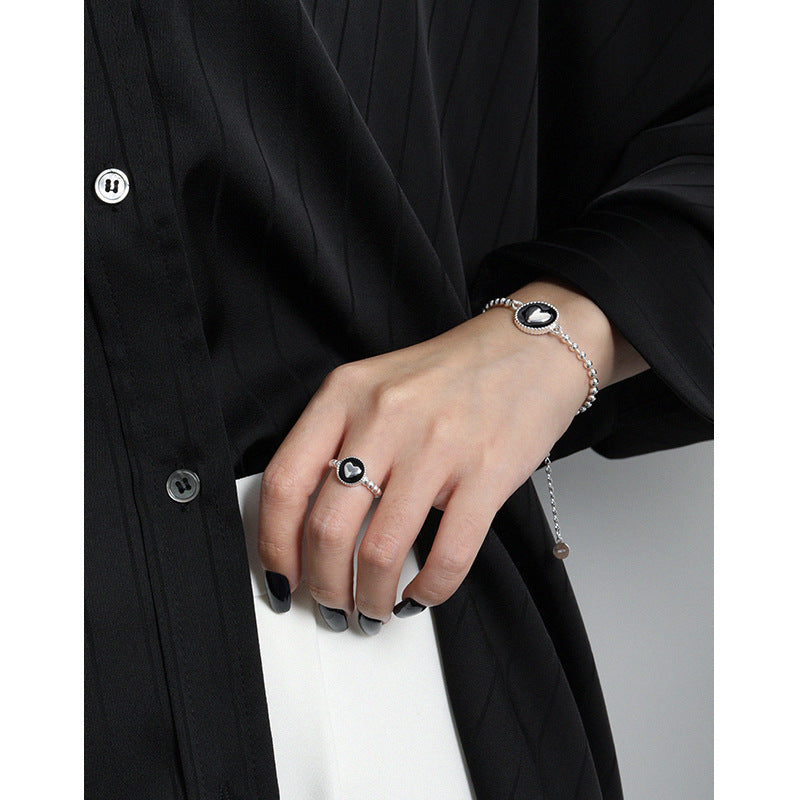 Women Heart Black Epoxy 925 Sterling Silver Necklace Ring Earrings Bracelet Jewelry Set SILVERBENE