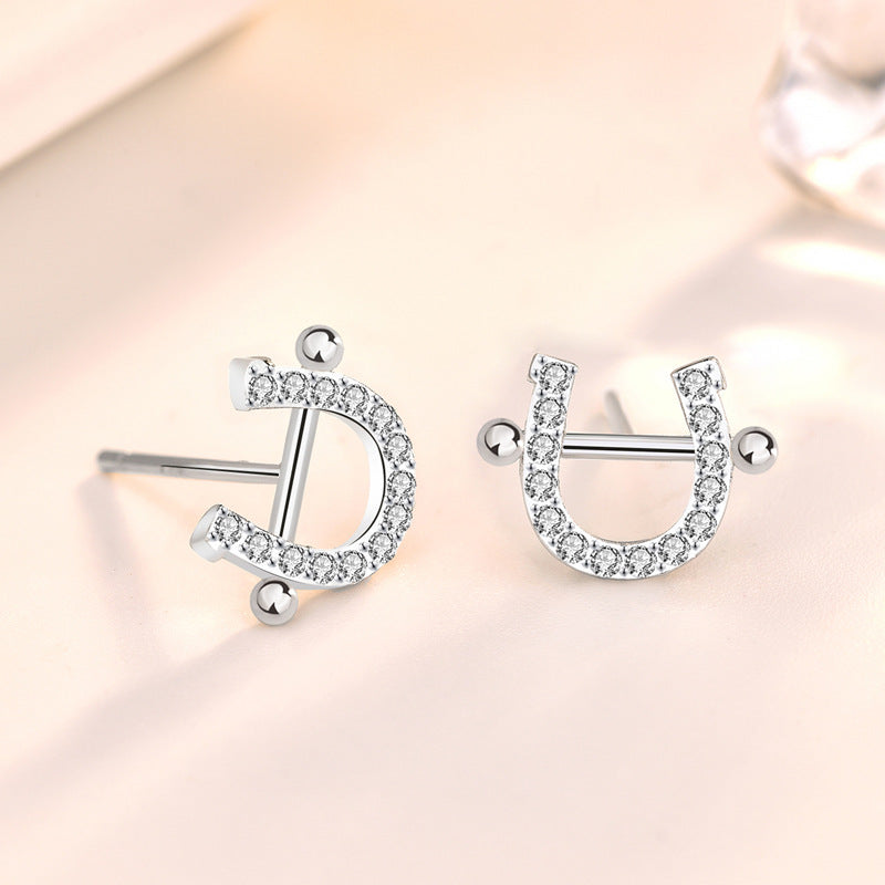 Hot CZ U Shape Horseshoe 925 Sterling Silver Stud Earrings SILVERBENE