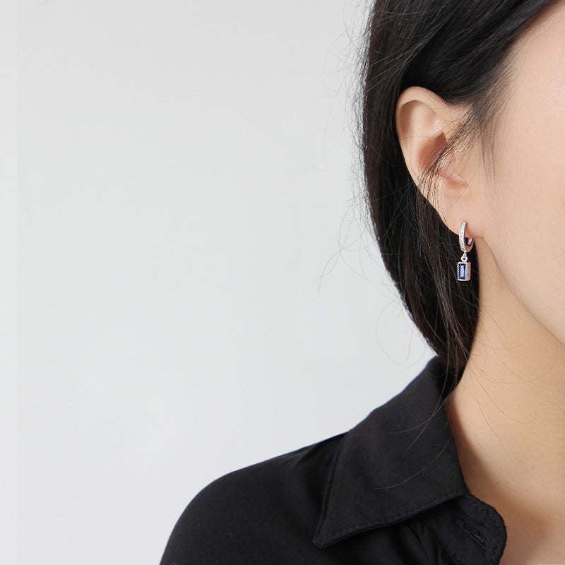 Geometry Blue CZ Rectangle 925 Silver Dangling Earrings (Single Piece) SILVERBENE