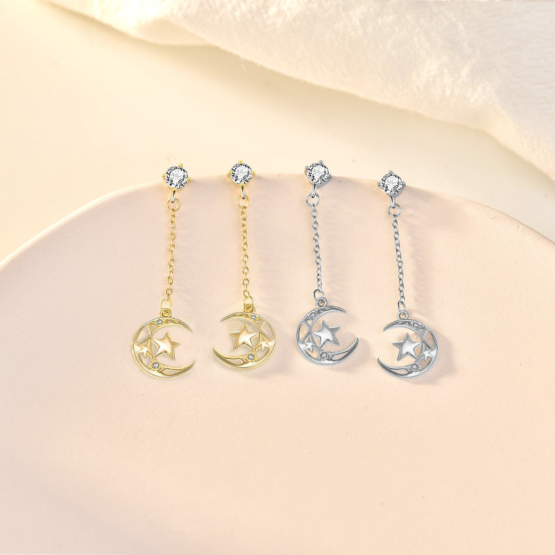 Beautiful Hollow CZ Crescent Moon Stars 925 Sterling Silver Dangling Earrings SILVERBENE