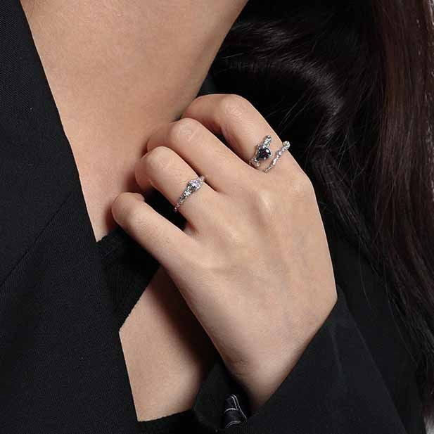 Unique Black Waterdrop CZ Irregular 925 Sterling Silver Adjustable Ring SILVERBENE