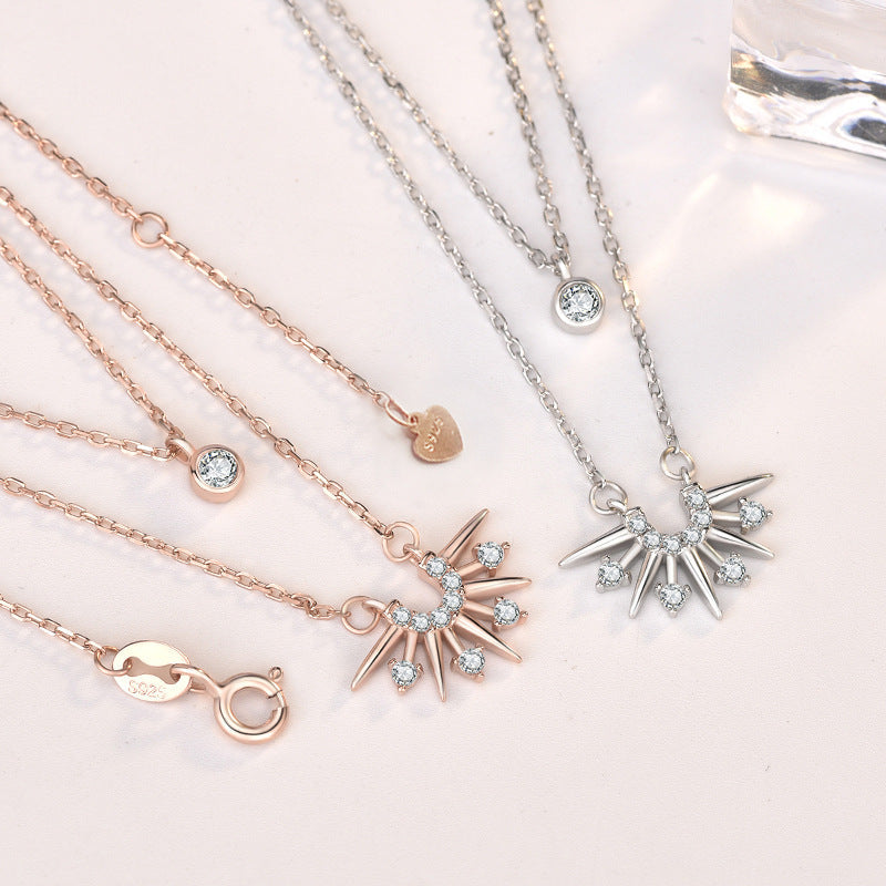 New CZ Sunrise Sunshine Double Layer 925 Sterling Silver Necklace SILVERBENE