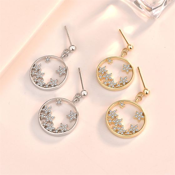 CZ Babysbreath Flower Circle Sweet 925 Sterling Silver Dangling Earrings SILVERBENE