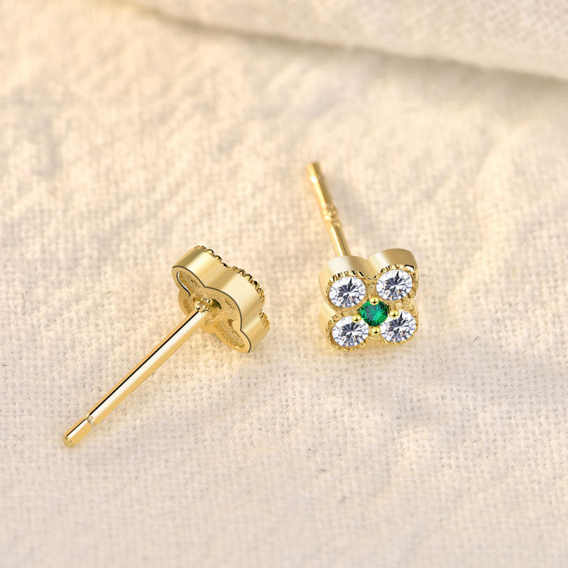 Cute Mini CZ Four Leaf Clover Lucky 925 Sterling Silver Stud Earrings SILVERBENE
