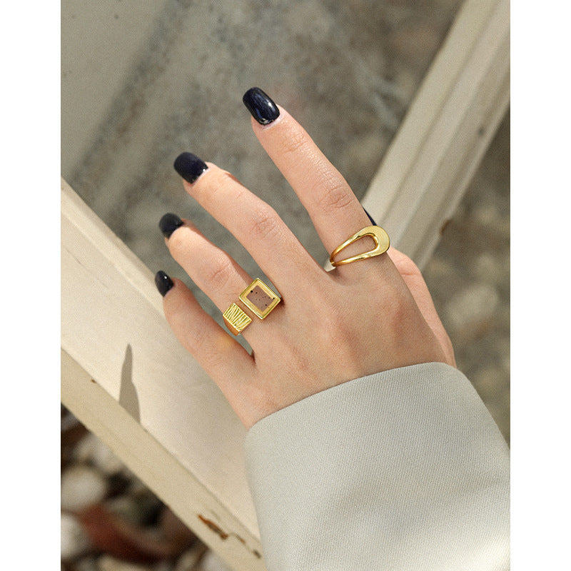 Men's Geometry Square Natural Agate 925 Sterling Silver Adjustable Ring SILVERBENE