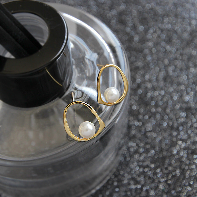 Geometric Round Shell Pearl 925 Sterling Silver Studs Earrings SILVERBENE