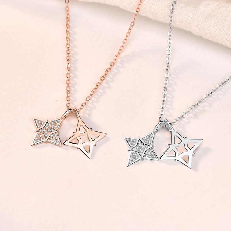 Modern CZ Quadrangular Star Hollow 925 Sterling Silver Necklace SILVERBENE