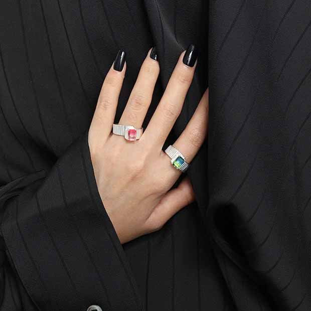 Fashion Fading Emerald Gear 925 Sterling Silver Adjustable Ring SILVERBENE