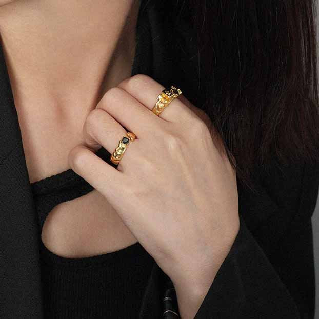 Black CZ Irregular Fashion 925 Sterling Silver Adjustable Ring SILVERBENE