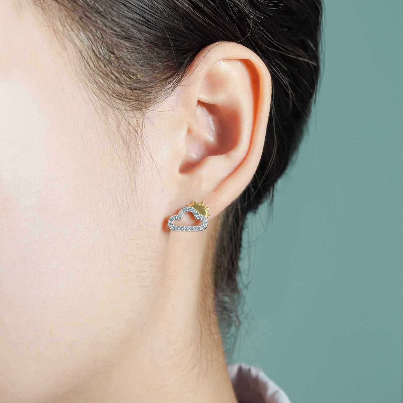 Summer CZ Hollow Cloud Sun 925 Sterling Silver Stud Earrings SILVERBENE